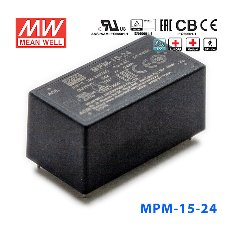 MPM-15-24 MPM-15-24台湾明纬15.1W 80~264V输入24V0.63A输出医疗基板型电源
