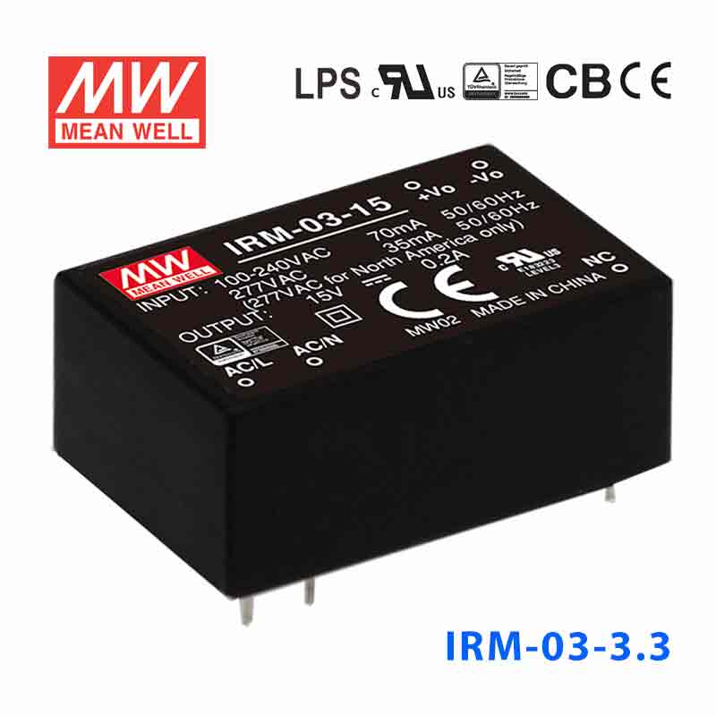 IRM-03-3.3 IRM-03-3.3 3W 3.3V 900mA 单路输出高能效AC-DC模块型明纬开关电源-插脚型