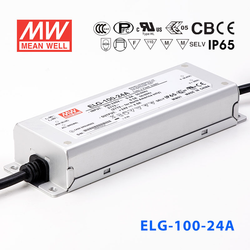 ELG-100-24A ELG-100-24A 96W 24V 4A A型(电流可调/铝壳IP65防水/180～305Vac输入)明纬PFC防水LED电源