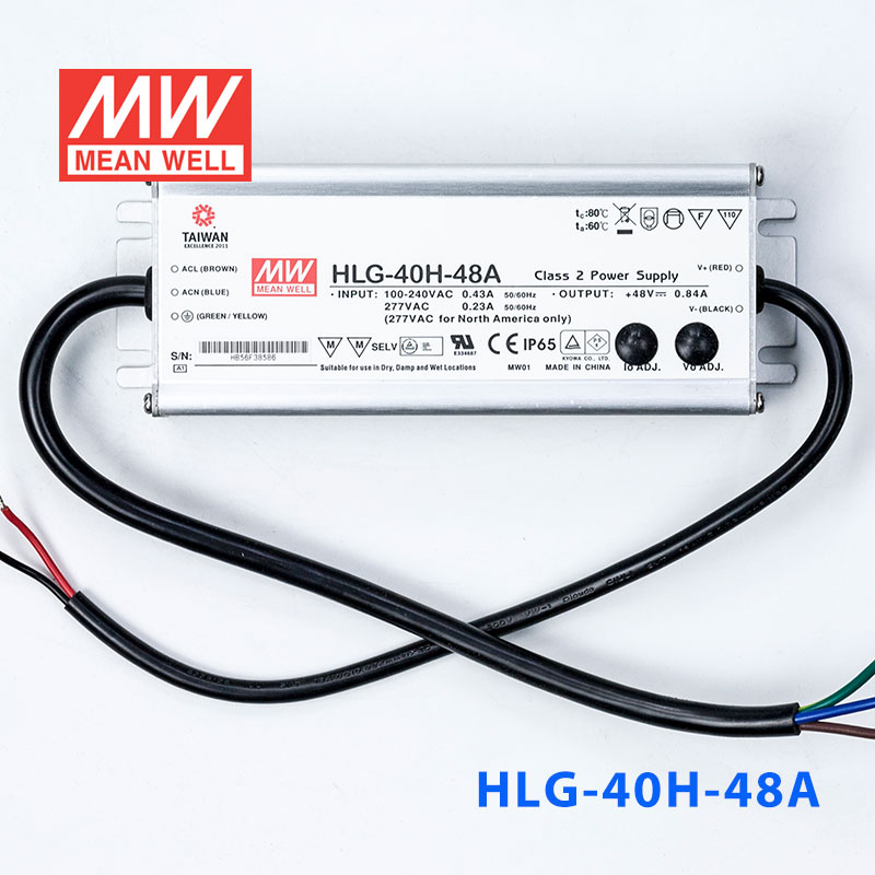 HLG-40H-48A HLG-40H-48A 40W 48V 0.84A 强耐环境恒压+恒流PFC高效铝壳IP65防水LED电源(恒压恒流值可面板设定)