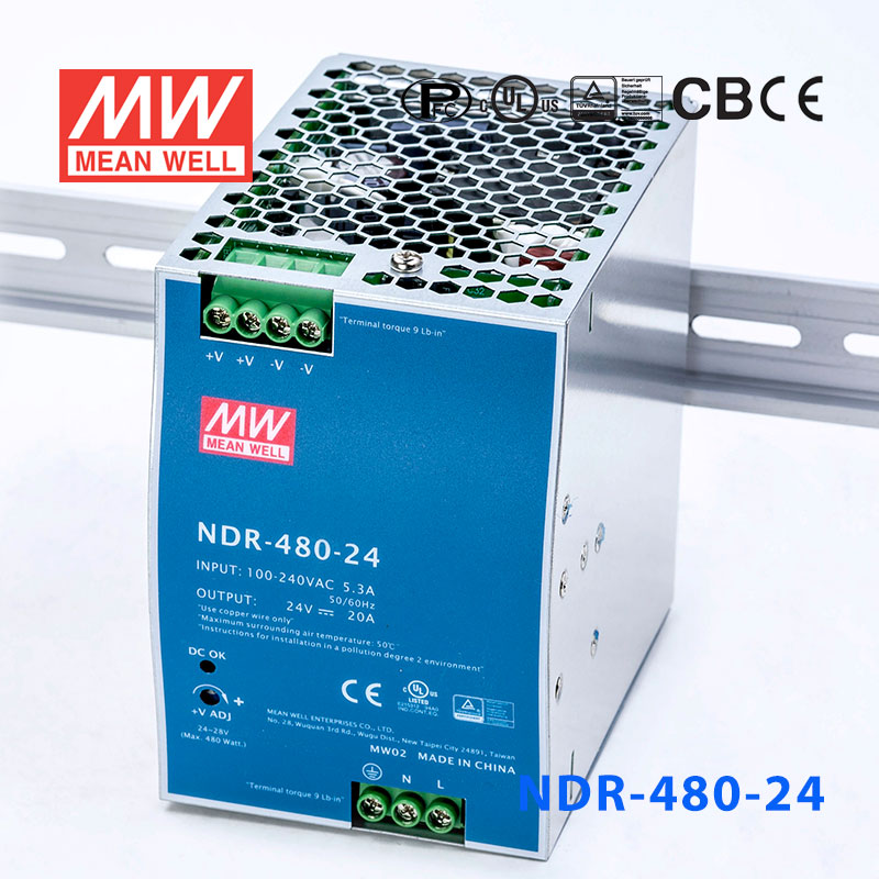 NDR-480-24 NDR-480-24 480W 24V20A单路输出明纬超薄型PFC导轨安装电源