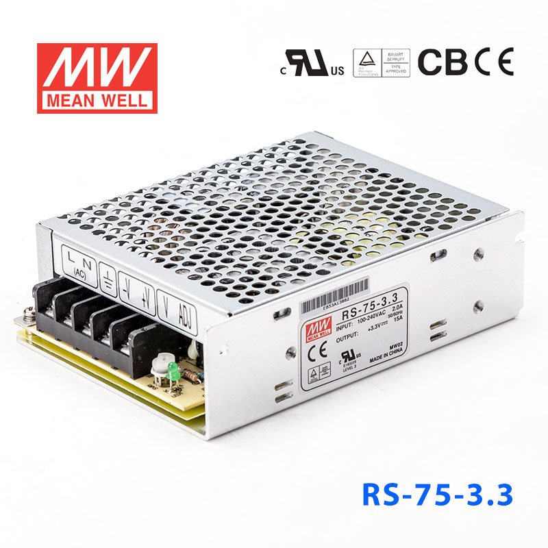 RS-75-3.3 RS-75-3.3 75W 3.3V15A 单路输出明纬开关电源(G3系列-高性能内置有外壳)