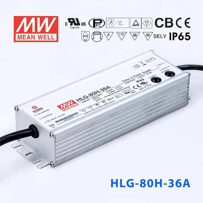 HLG-80H-36A HLG-80H-36A 80W 36V 2.3A 强耐环境恒压+恒流PFC高效铝壳IP65防水LED电源(恒压恒流值可面板设定)