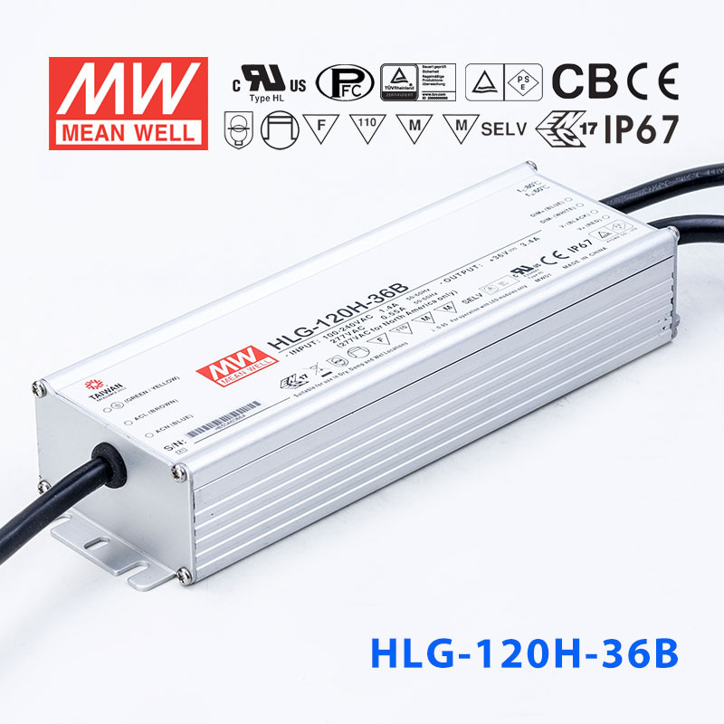 HLG-120H-36B HLG-120H-36B 120W 36V 3.4A 强耐环境恒压+恒流PFC高效铝壳IP67防水LED电源(控制线三合一调光)