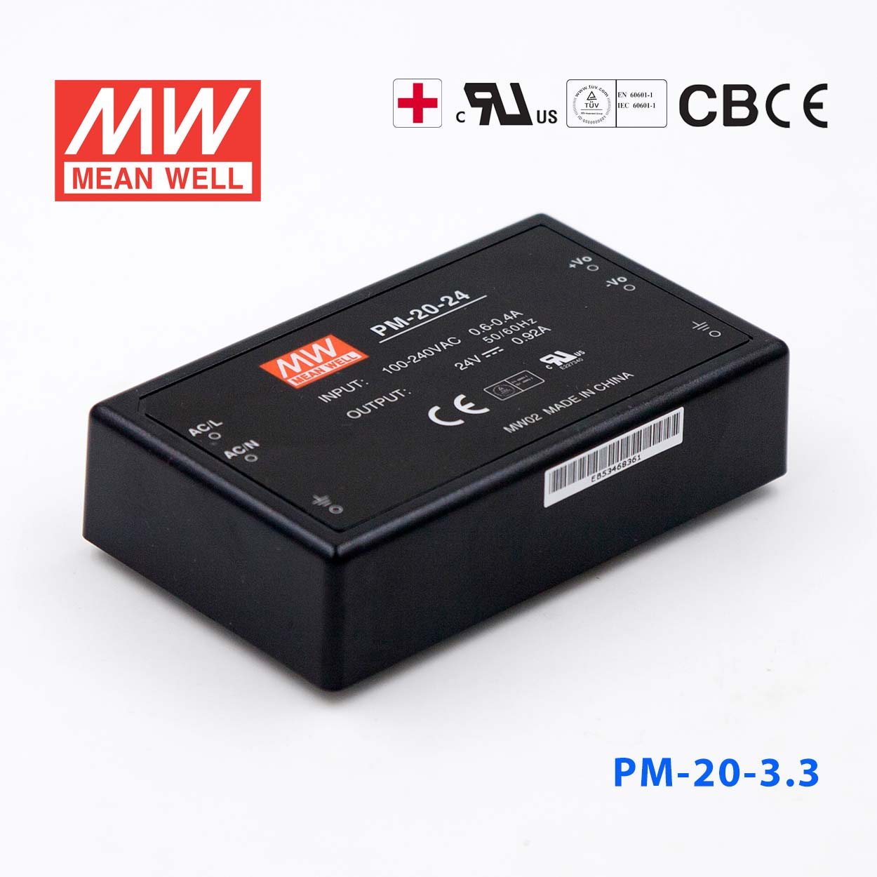 PM-20-3.3 PM-20-3.3 20W 3.3V 4.5A 微漏电塑封单路输出板上型医用明纬开关电源