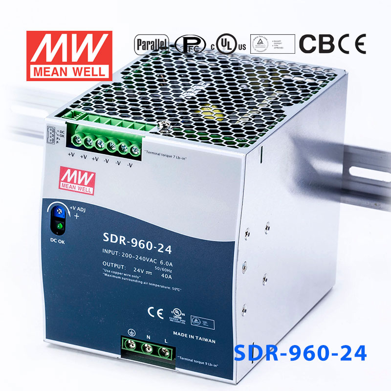 SDR-960-24 SDR-960-24 960W 24V40A高效率高功率因素单路输出DIN导轨安装明纬开关电源