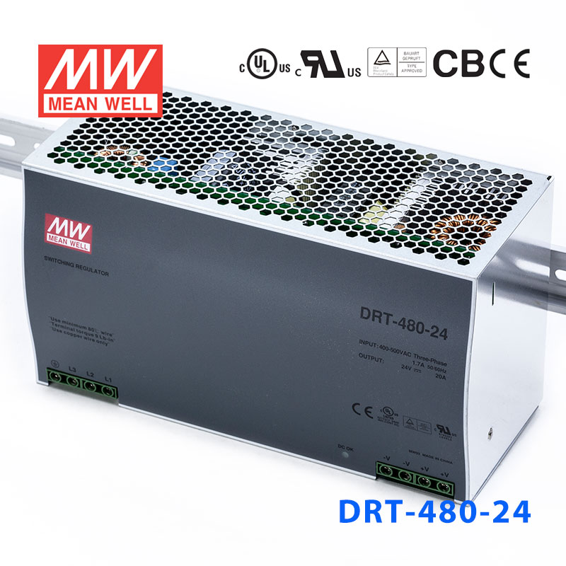 DRT-480-24 DRT-480-24 480W 24V20A 输出带PFC功能三相输入DIN导轨安装明纬电源