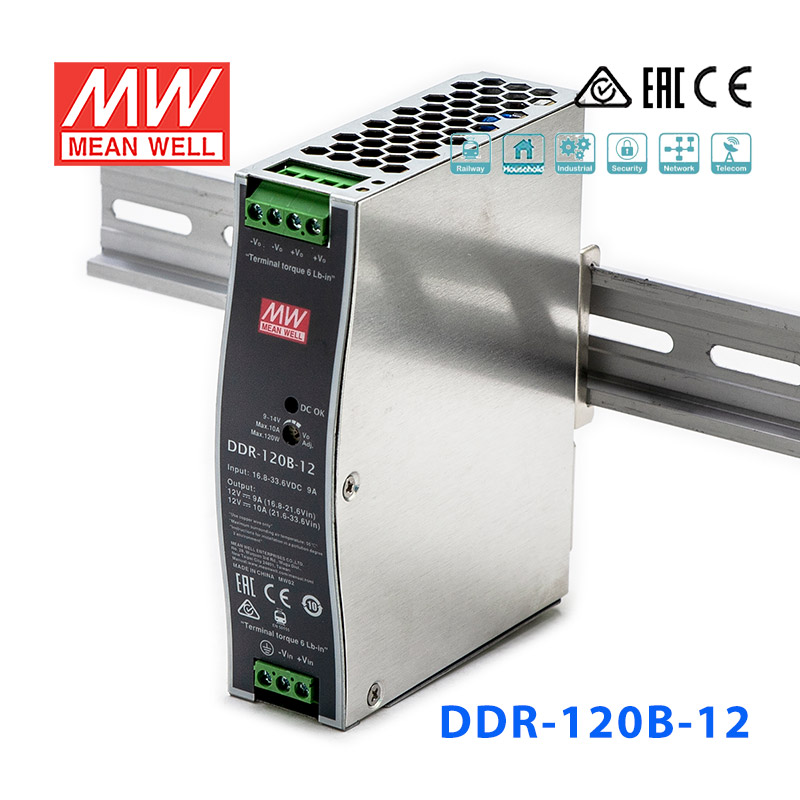 DDR-120B-12 DDR-120B-12明纬120W 16.8~33.6V输入 12V10A输出导轨型DC-DC电源