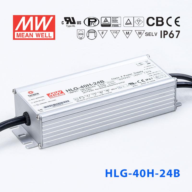 HLG-40H-24B HLG-40H-24B 40W 24V 1.67A 强耐环境恒压+恒流PFC高效铝壳IP67防水LED电源(控制线三合一调光)