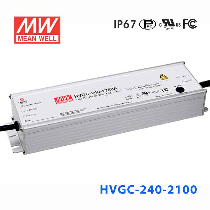 HVGC-240-2100A HVGC-240-2100A 240W 2100mA 117Vac 输入强耐环境PFC高效铝壳IP65防水LED恒流电源(恒流值可面板设定)