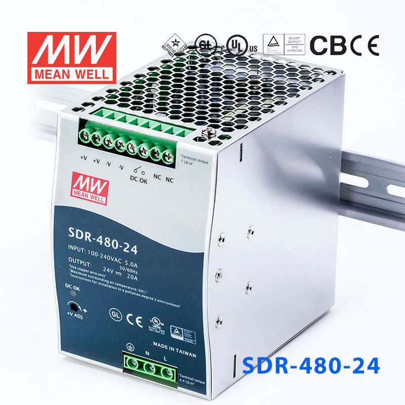 SDR-480-24 SDR-480-24 480W 24V20A 高效率高功率因素单路输出DIN导轨安装明纬开关电源