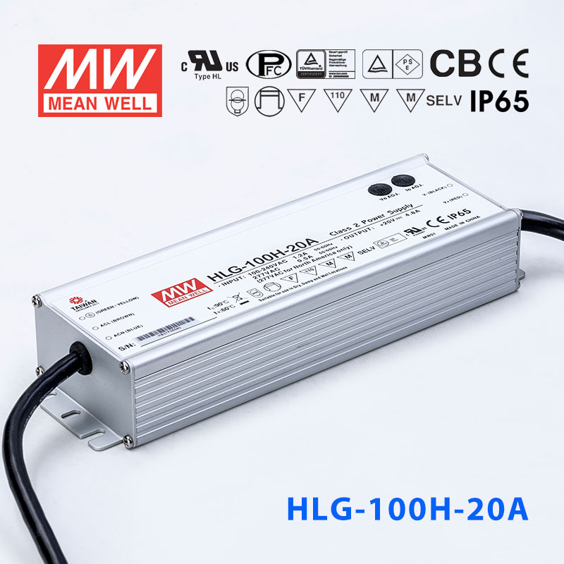 HLG-100H-20A HLG-100H-20A 100W 20V 4.8A 强耐环境恒压+恒流PFC高效铝壳IP65防水LED电源(恒压恒流值可面板设定)
