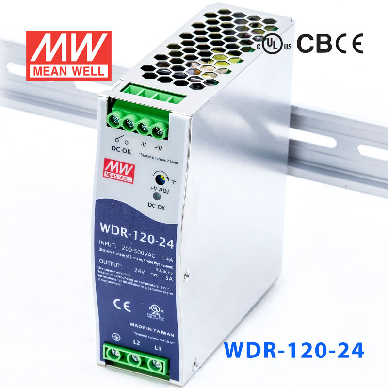 WDR-120-24 WDR-120-24 120W 24V5A 输出PFC高效率高输入电压DIN导轨电源
