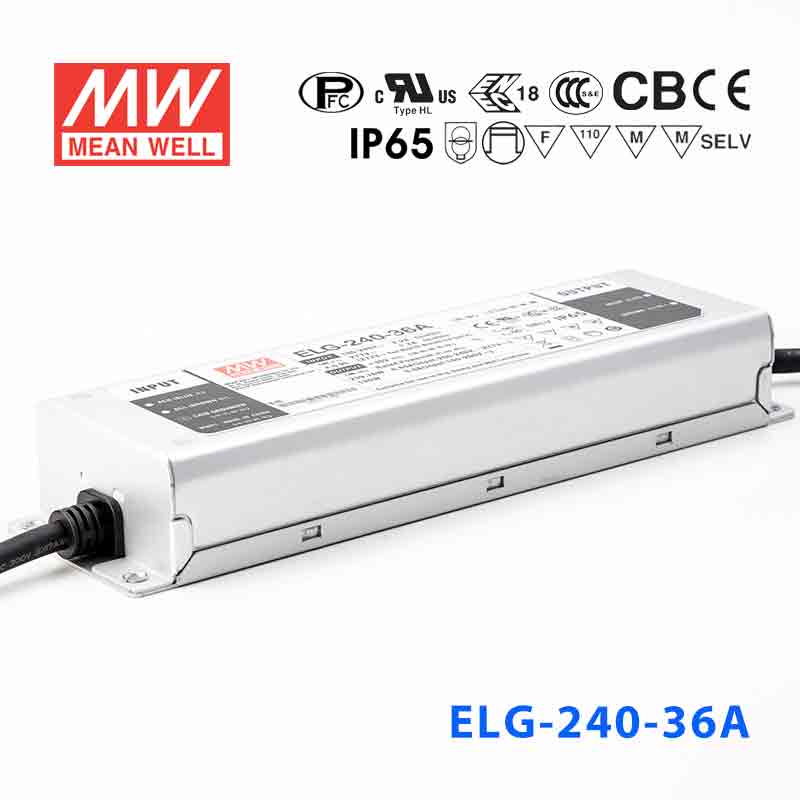 ELG-240-36A ELG-240-36A 240W 36V 6.66A A型(电流可调/铝壳IP65/100~305Vac输入)明纬PFC防水LED电源