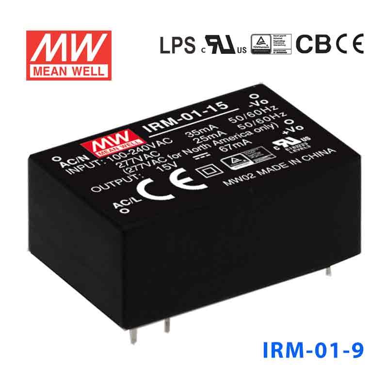 IRM-01-9 IRM-01-9 1W 9V 111mA 单路输出高能效AC-DC模块型明纬开关电源-插脚型
