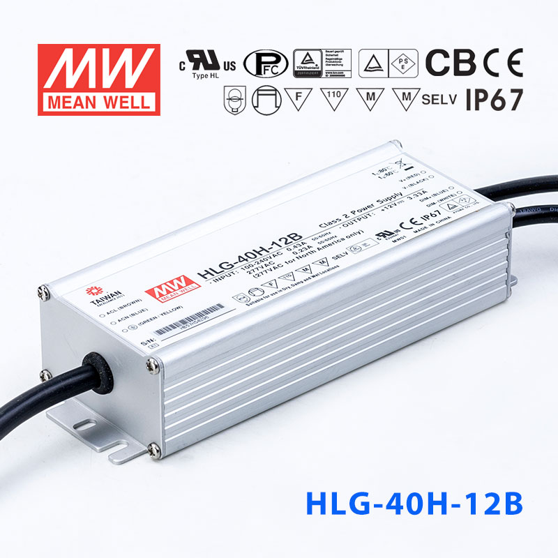 HLG-40H-12B HLG-40H-12B 40W 12V 3.33A 强耐环境恒压+恒流PFC高效铝壳IP67防水LED电源(控制线三合一调光)