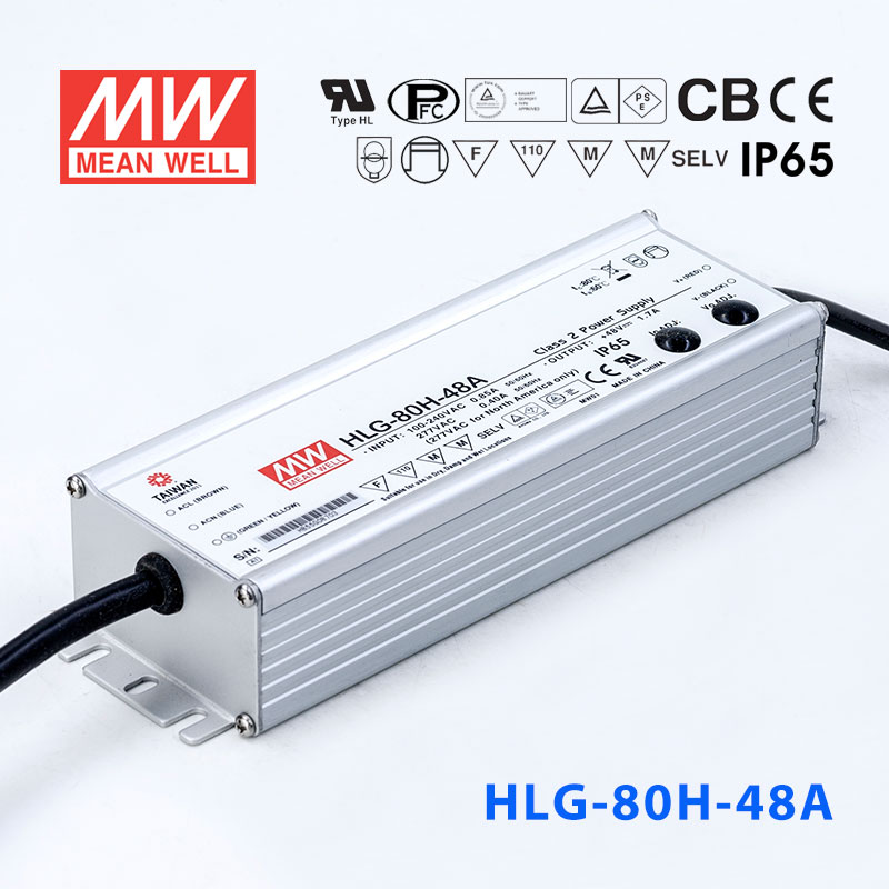 HLG-80H-48A HLG-80H-48A 80W 48V 1.7A 强耐环境恒压+恒流PFC高效铝壳IP65防水LED电源(恒压恒流值可面板设定)
