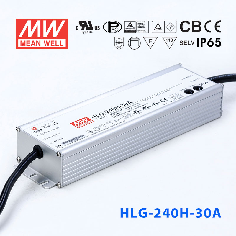 HLG-240H-30A HLG-240H-30A 240W 30V 8A 强耐环境恒压+恒流PFC高效铝壳IP65防水LED电源(恒压恒流值可面板设定)