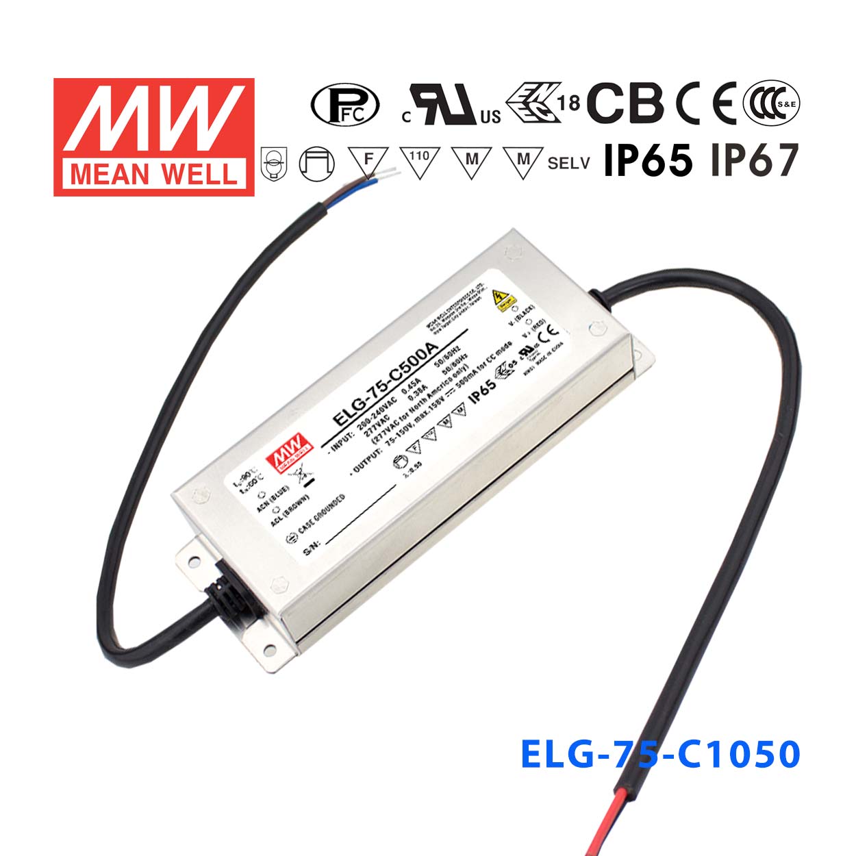 ELG-75-C1050A ELG-75-C1050A 75W 35~71V 1050mA A型(电流可调/铝壳IP65防水/180~305Vac输入)明纬PFC防水LED电源