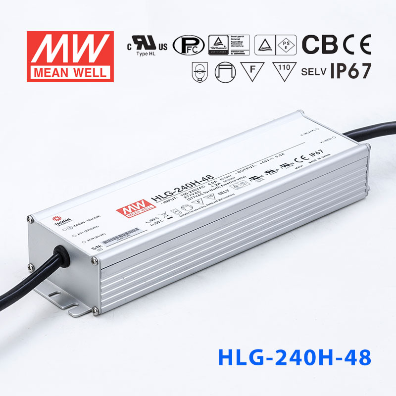 HLG-240H-48 HLG-240H-48 240W 48V 5A 强耐环境恒压+恒流PFC高效铝壳IP67防水LED电源(引线接线)