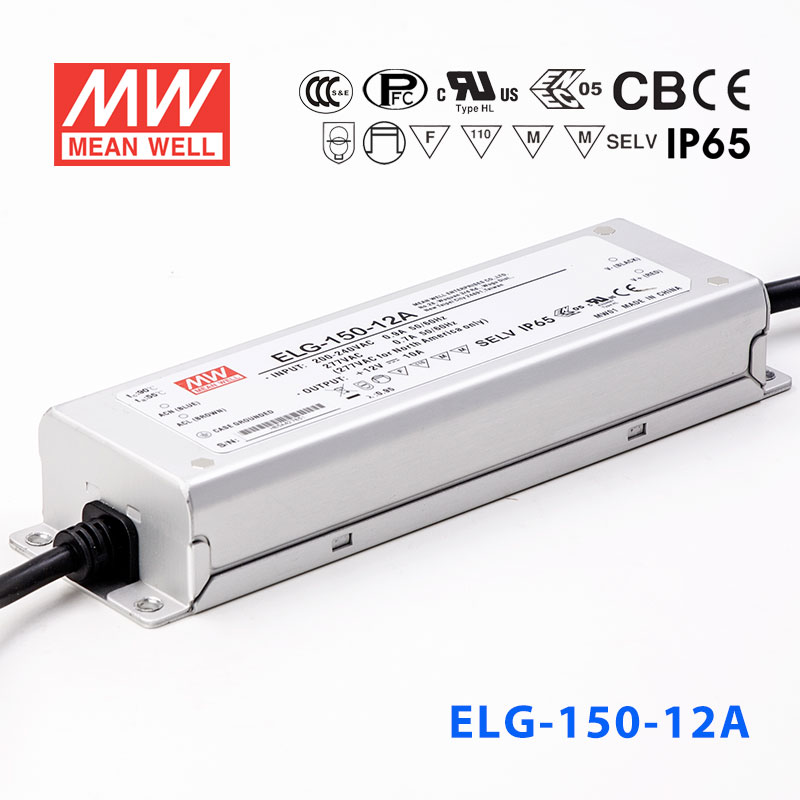 ELG-150-12A ELG-150-12A 120W 12V 10A A型(电流可调/铝壳IP65/100～305Vac输入)明纬PFC防水LED电源