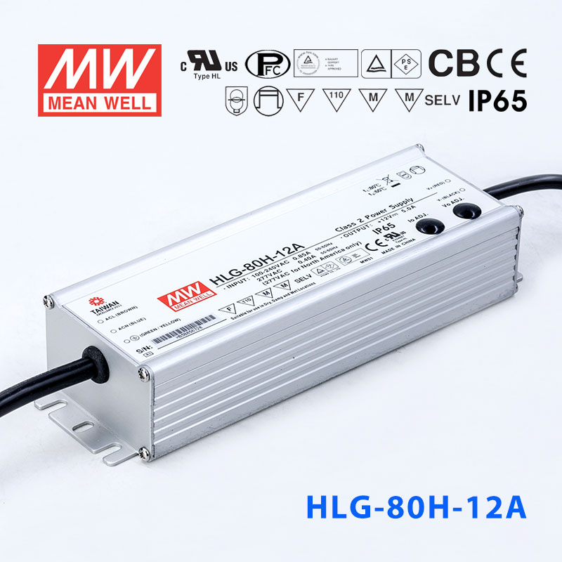 HLG-80H-12A HLG-80H-12A 60W 12V 5A 强耐环境恒压+恒流PFC高效铝壳IP65防水LED电源(恒压恒流值可面板设定)