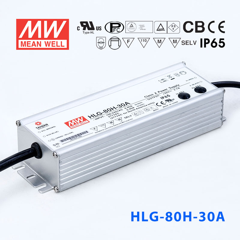 HLG-80H-30A HLG-80H-30A 80W 30V 2.7A 强耐环境恒压+恒流PFC高效铝壳IP65防水LED电源(恒压恒流值可面板设定) 流)
