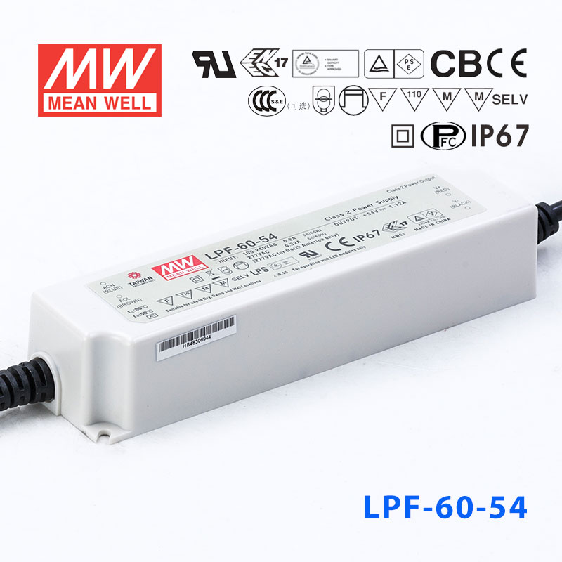 LPF-60-54 LPF-60-54 60W 54V 1.12A 恒压+恒流有PFC高效率塑壳IP67防水LED电源