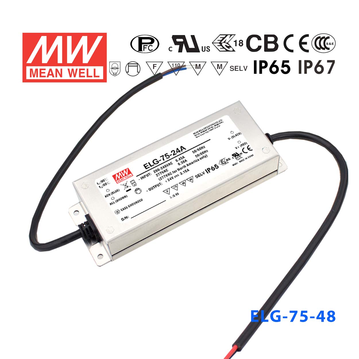 ELG-75-48DA ELG-75-48DA 75W 48V 1.6A DA型(Dali调光/铝壳IP67防水/180～305Vac输入)明纬PFC防水LED电源