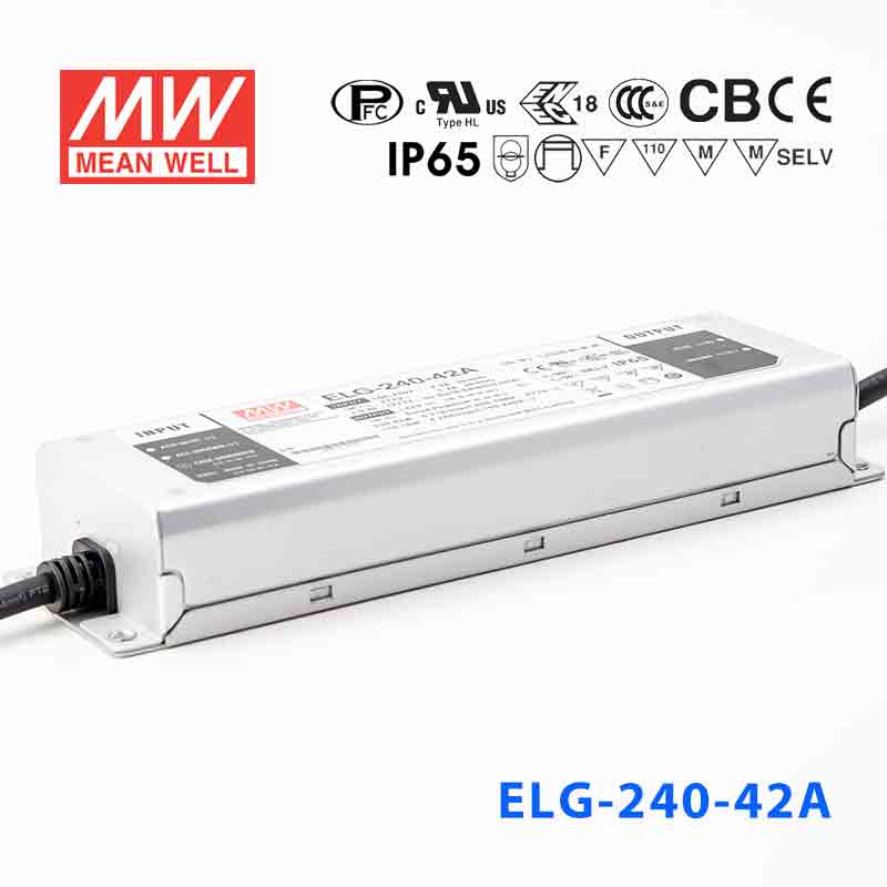 ELG-240-42A ELG-240-42A 240W 42V 5.71A A型(电流可调/铝壳IP65/100~305Vac输入)明纬PFC防水LED电源