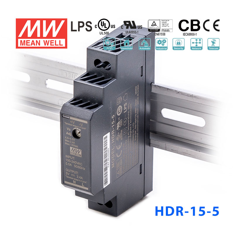 HDR-15-5 HDR-15-5 12W 5V 2.4A 单路输出明纬超薄型导轨安装电源