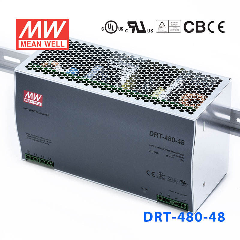 DRT-480-48 DRT-480-48 480W 48V10A 输出带PFC功能三相输入DIN导轨安装明纬电源