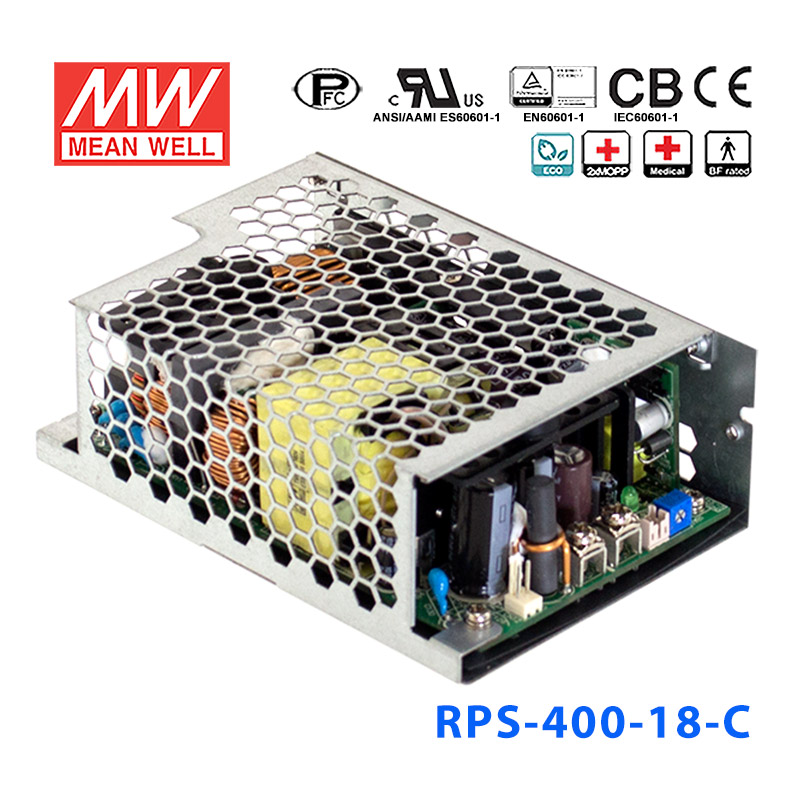 RPS-400-18-C RPS-400-18-C 400W 18V 22.3A 单路输出PFC微漏电流低空载损耗机壳型医用明纬开关电源