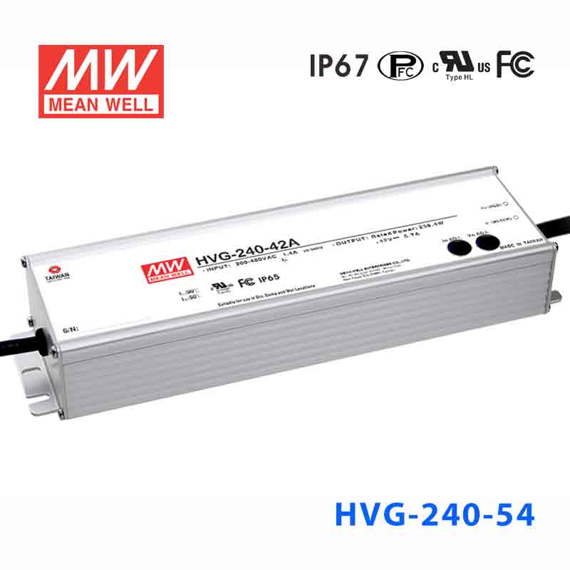 HVG-240-54B HVG-240-54B 240W 54V 4.5A 528Vac 输入恒压+恒流输出PFC高效铝壳IP67防水LED电源(控制线三合一调光)
