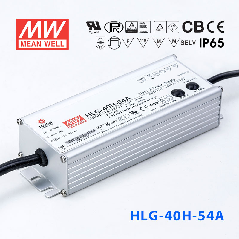 HLG-40H-54A HLG-40H-54A 40W 54V 0.75A 强耐环境恒压+恒流PFC高效铝壳IP65防水LED电源(恒压恒流值可面板设定)