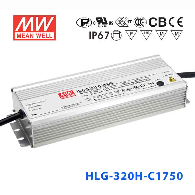 HLG-320H-C1750A HLG-320H-C1750A 320W 宽范围输入 91~183V 1750mA 强耐环境高压恒流输出PFC高效铝壳IP65防水LED电源