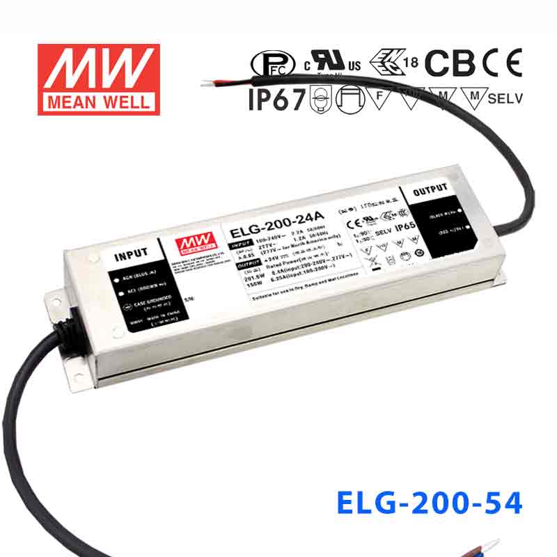 ELG-200-54A ELG-200-54A 200W 54V 3.72A A型(电流可调/铝壳IP65/100~305Vac输入)明纬PFC防水LED电源
