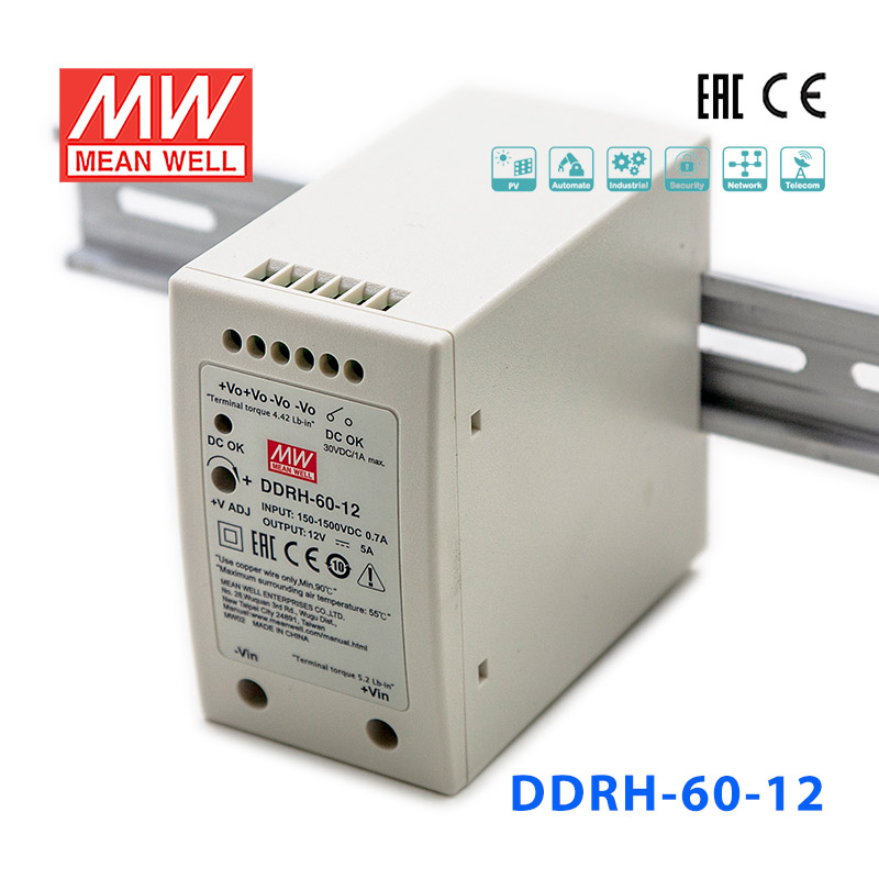 DDRH-60-12 DDRH-60-12明纬60W150~1500V输入12V5A输出宽输入导轨DC-DC转换器