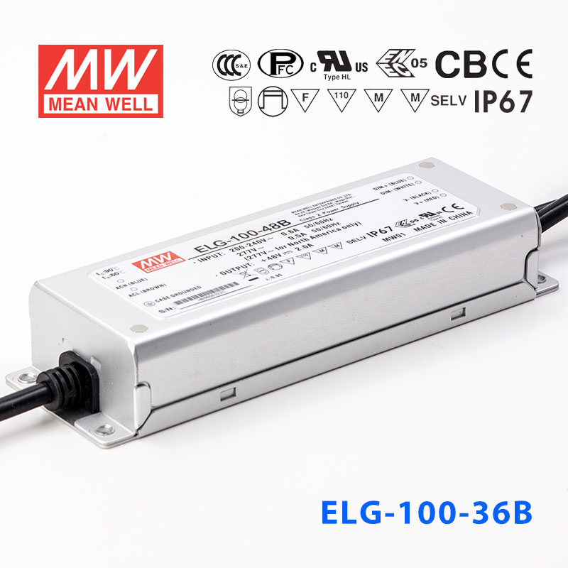 ELG-100-48B ELG-100-48B 96W 48V 2A B型(0～10V/PWM/电阻调光/铝壳IP67防水/180～305Vac输入)明纬PFC防水LED电源