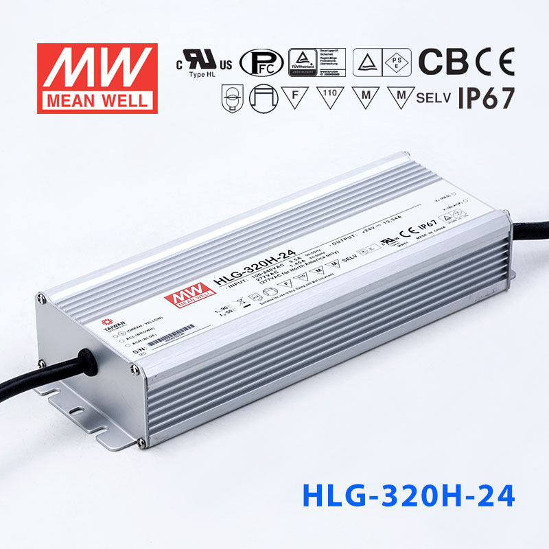HLG-320H-24 HLG-320H-24 320W 24V 13.34A 强耐环境恒压+恒流PFC高效铝壳IP67防水LED电源(引线接线)
