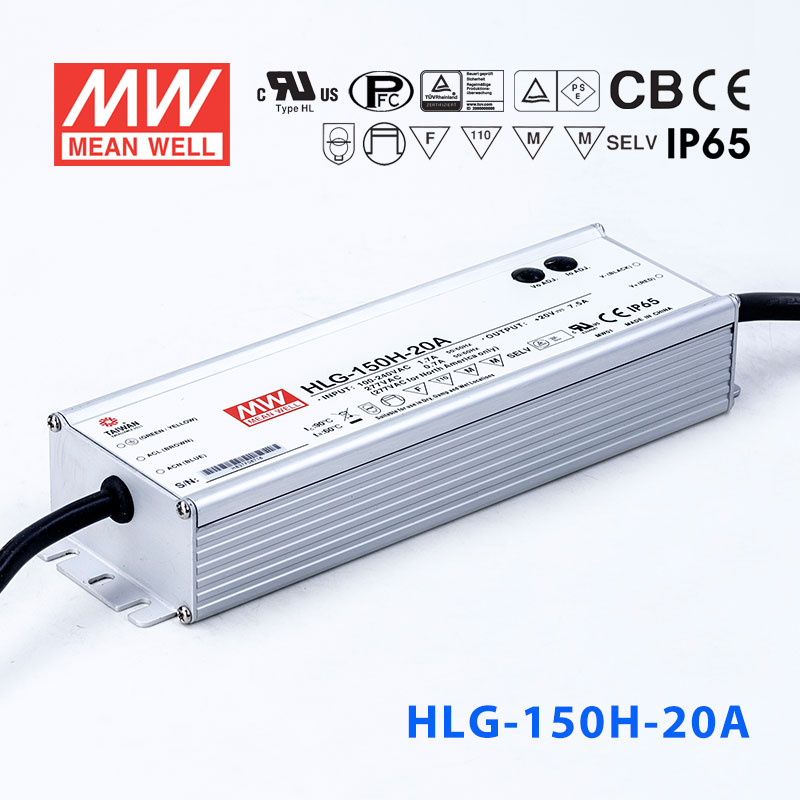 HLG-150H-20A HLG-150H-20A 150W 20V 7.5A 强耐环境恒压+恒流PFC高效铝壳IP65防水LED电源(恒压恒流值可面板设定)