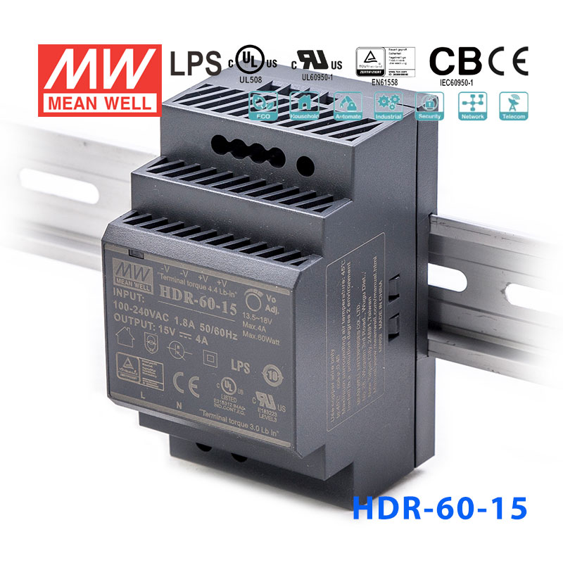 HDR-60-15 HDR-60-15 60W 15V 4A 单路输出明纬超薄型导轨安装电源