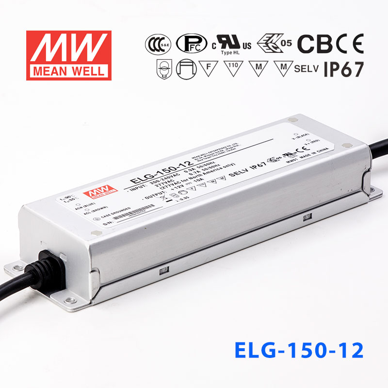ELG-150-12 ELG-150-12 120W 12V 10A 基本型(线缆接线/铝壳IP67/100～305Vac输入)明纬PFC防水LED电源