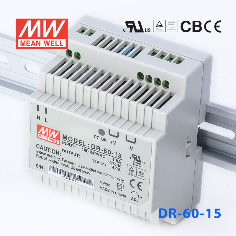 DR-60-15 DR-60-15 60W 15V4A 单路输出Class II DIN导轨安装明纬开关电源