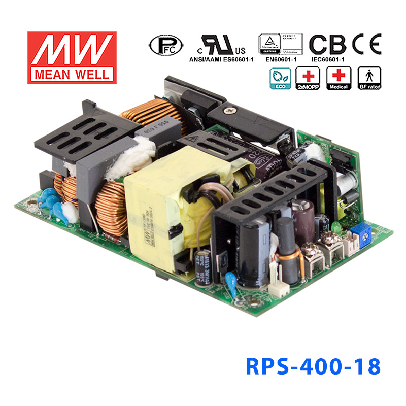RPS-400-18 RPS-400-18 400W 18V 22.3A 单路输出PFC微漏电流低空载损耗无外壳医用明纬开关电源