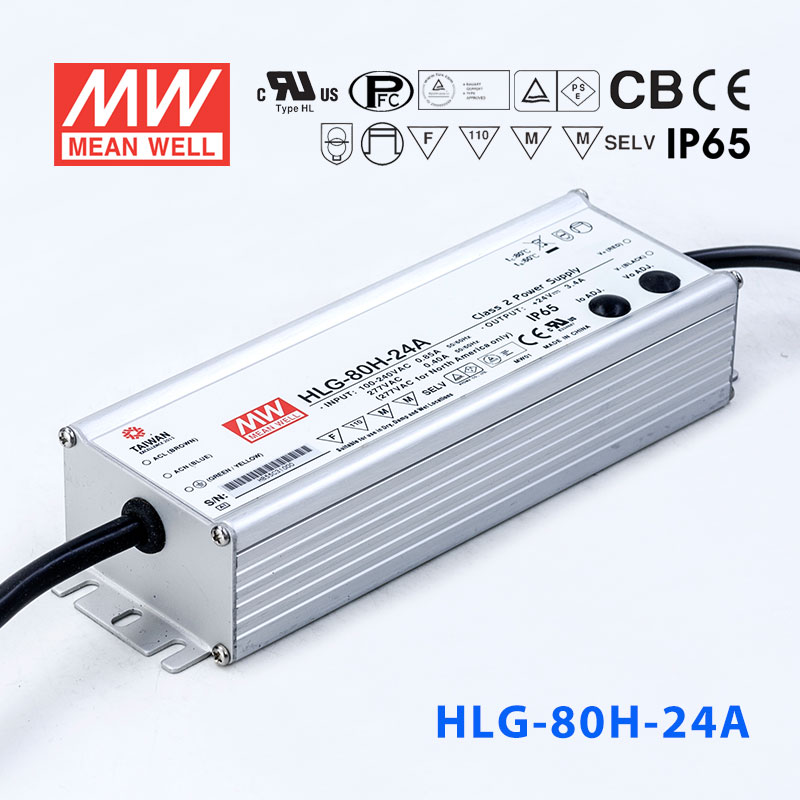 HLG-80H-24A HLG-80H-24A 80W 24V 3.4A 强耐环境恒压+恒流PFC高效铝壳IP65防水LED电源(恒压恒流值可面板设定)