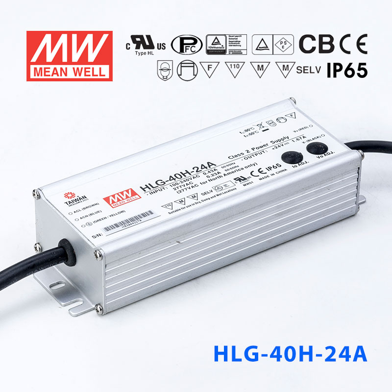 HLG-40H-24A HLG-40H-24A 40W 24V 1.67A 强耐环境恒压+恒流PFC高效铝壳IP65防水LED电源(恒压恒流值可面板设定)