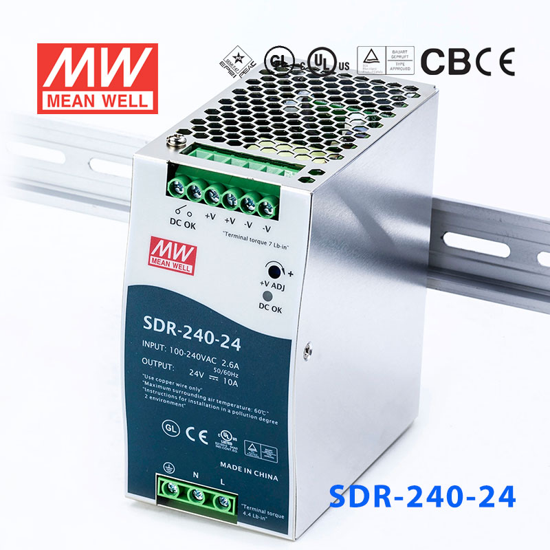 SDR-240-24 SDR-240-24 240W 24V10A 高效率高功率因素单路输出DIN导轨安装明纬开关电源