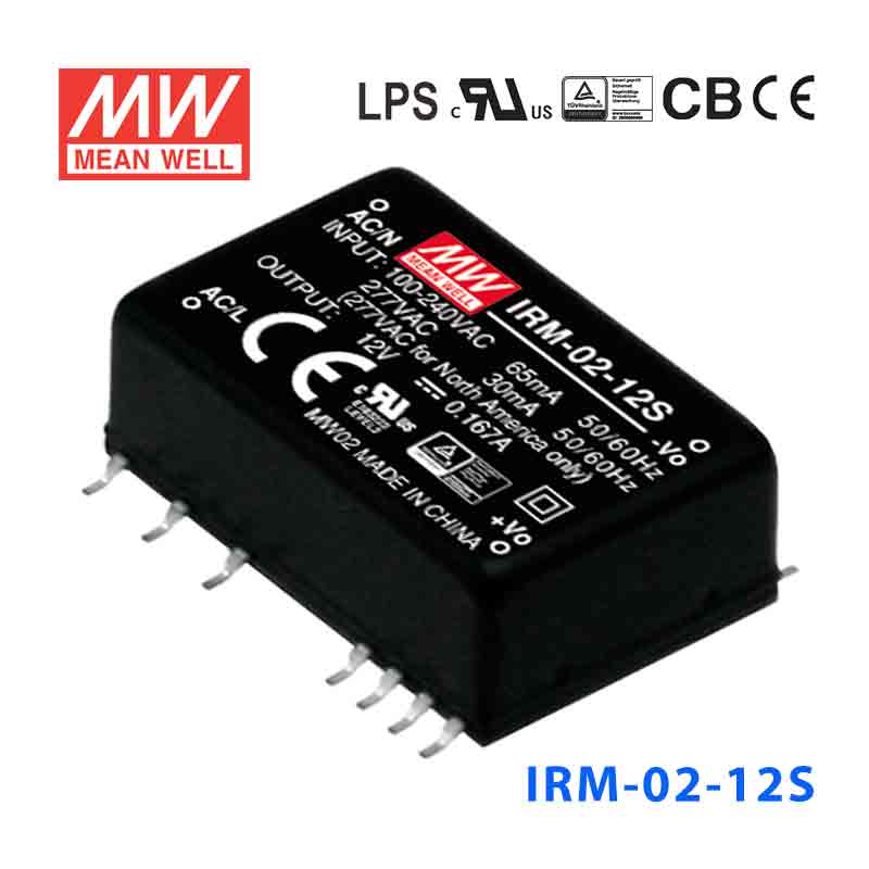 IRM-02-12S IRM-02-12S 2W 12V 167mA 单路输出高能效AC-DC模块型明纬开关电源-SMD贴片型