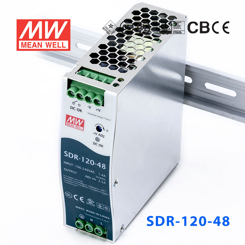 SDR-120-48 SDR-120-48 120W 48V2.5A 高效率高功率因素单路输出DIN导轨安装明纬开关电源